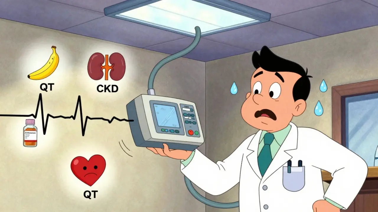Doctor holding an ECG machine with a dramatically elongated QT interval, surrounded by risk factor icons.