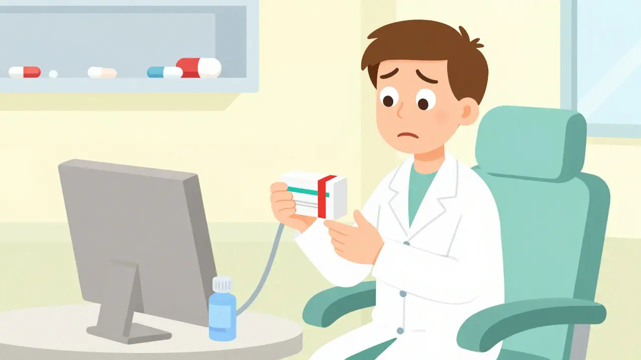 Patient confused with limited medication options, empty pharmacist chair.