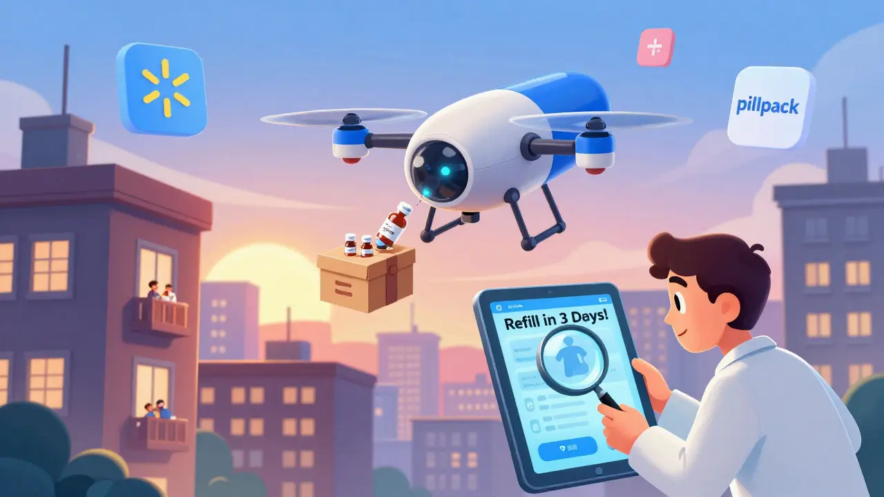 Pill-shaped drone delivers insulin boxes to apartments while AI predicts refills on a glowing screen.