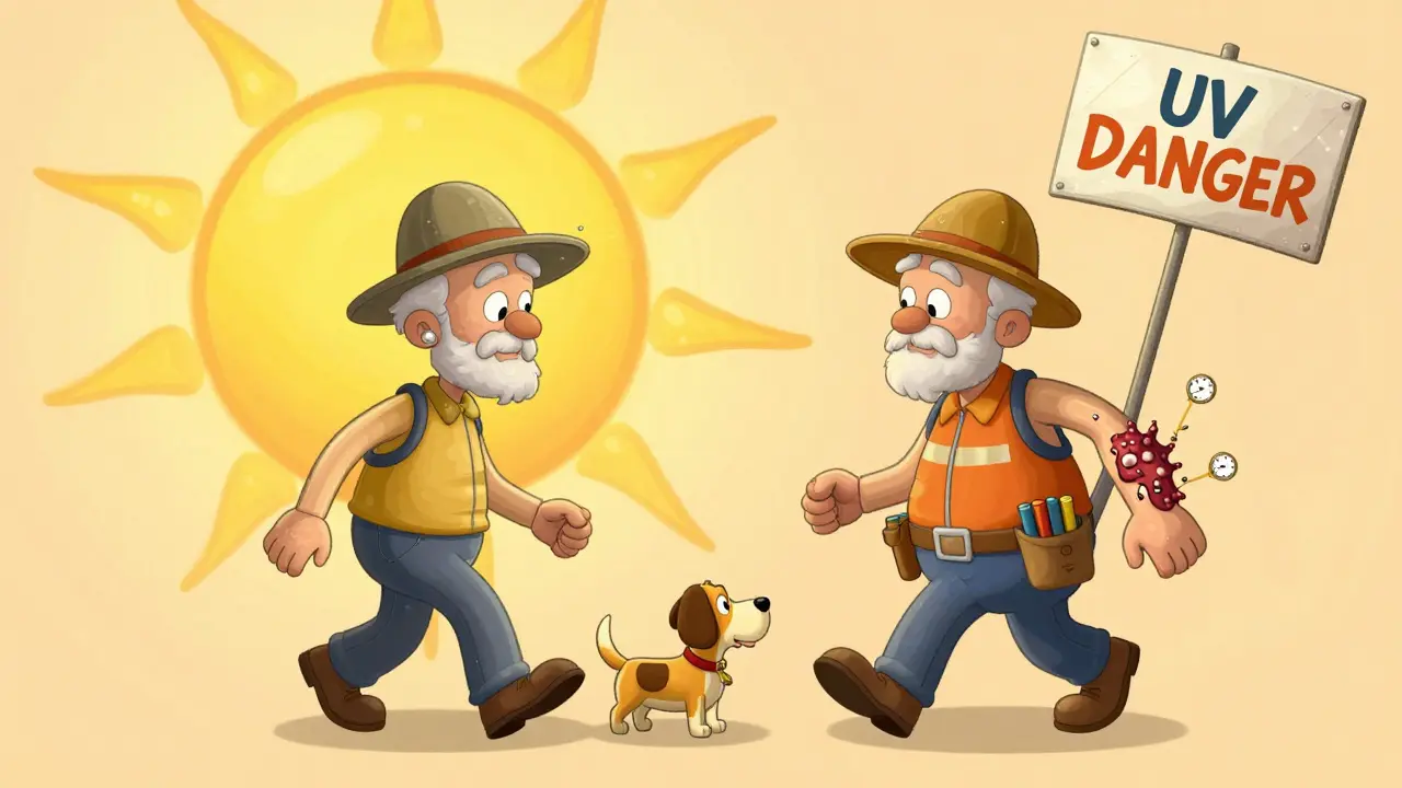 Two elderly figures under the sun—one walking a dog with a bump, another worker with a scaly lesion, in playful cartoon style.