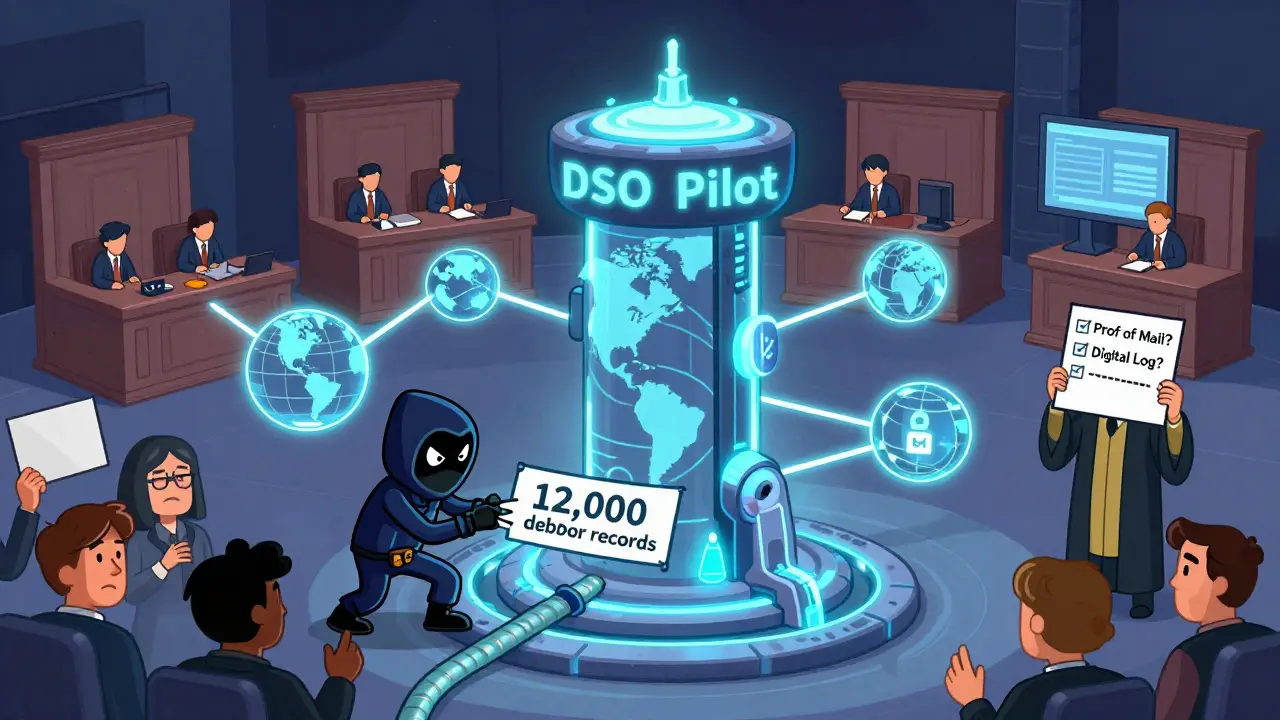 A blockchain tower connects global courts, while a hacker steals data and a judge checks notice compliance under the DSO pilot.