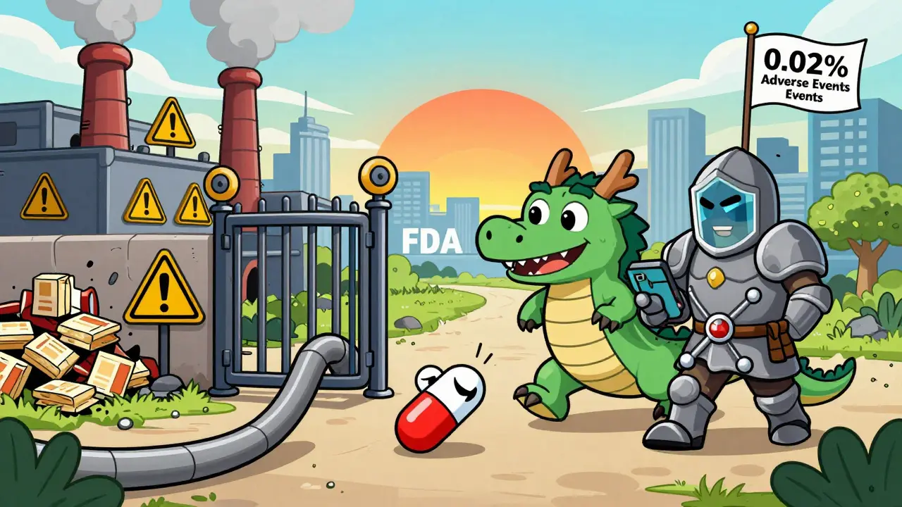 A counterfeit pill being stopped by AI and molecular taggant guardians in a colorful scene.