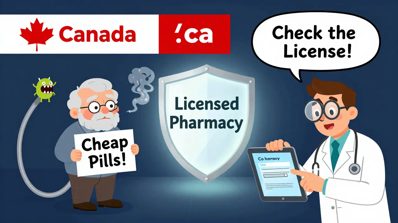 A deceptive online pharmacy with fake Canadian branding luring a senior, blocked by a licensed pharmacy shield.