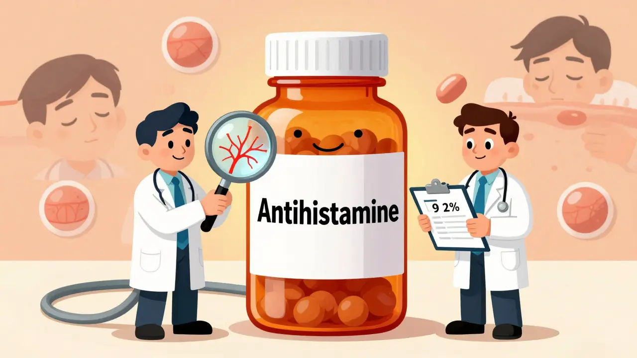 A doctor and pharmacist examine a giant antihistamine pill revealing nerve pathways, in cartoon rubber hose style.