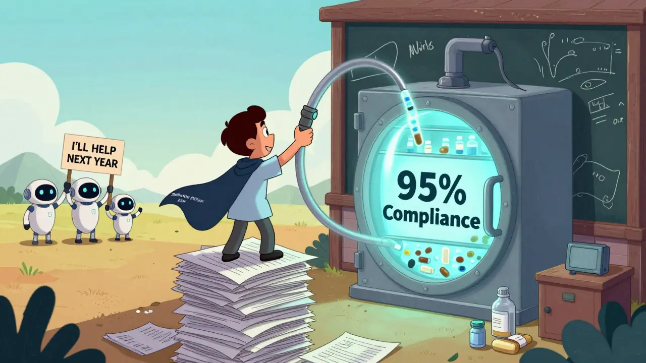 A lone safety officer uses a rubber hose to channel dangerous drugs into a safety vault in a small clinic.