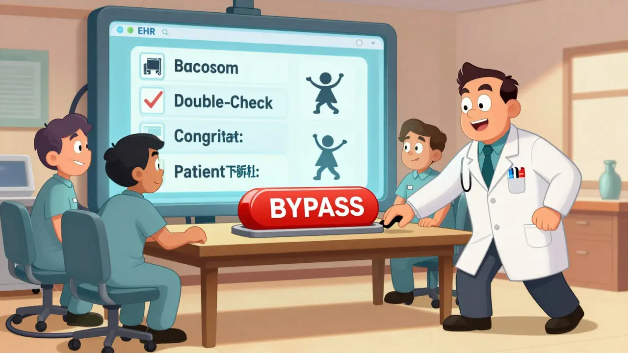 A medical team watches animated checklist icons dance as a 'BYPASS' button is hidden under a table.