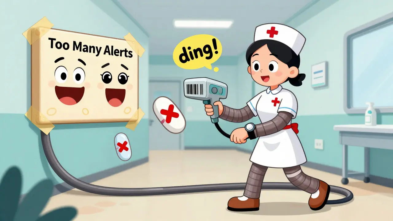 A nurse using a barcode scanner in a hospital, with floating pills and a taped-shut alert box in the background.