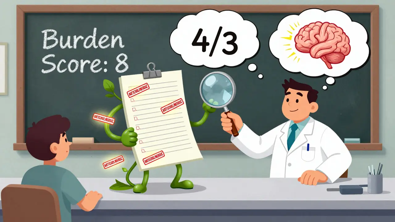 A pharmacist using a magnifying glass over a living medication list with glowing warning labels and a sparking brain meter.