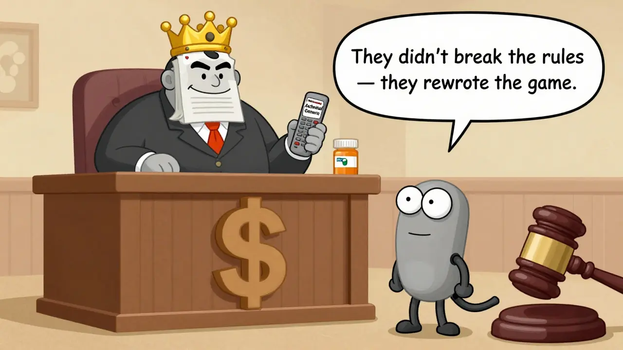 A small generic company facing a giant corporate CEO in a courtroom shaped like a dollar sign, with a pill bottle gavel.