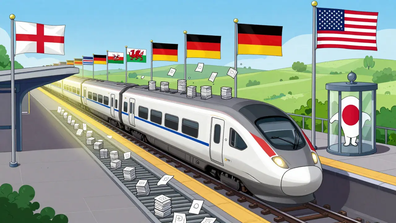 An GSO Express train speeds past countries, with only England &amp; Wales having a functional court platform while others are stuck with paperwork.