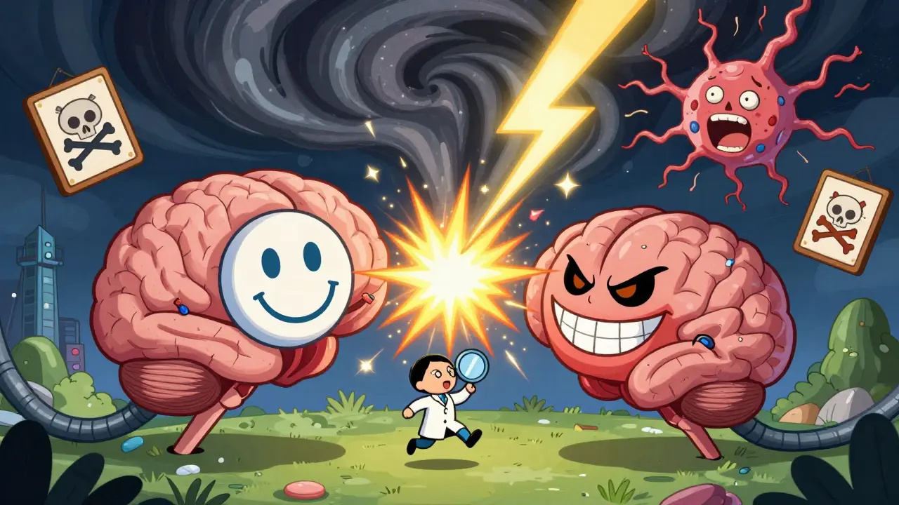 Antidepressants collide in the brain, triggering a serotonin explosion.
