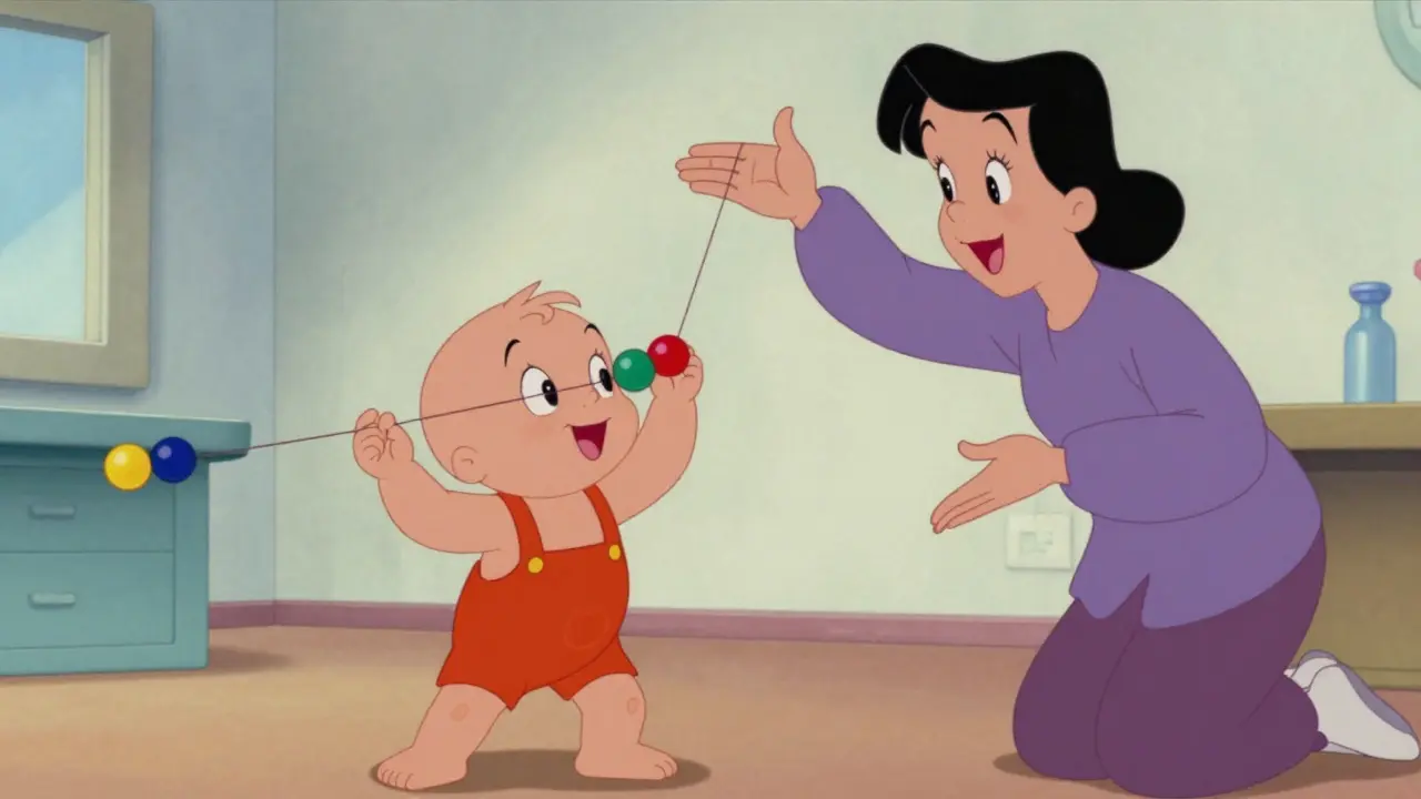 Child performing vision therapy exercise with beads.