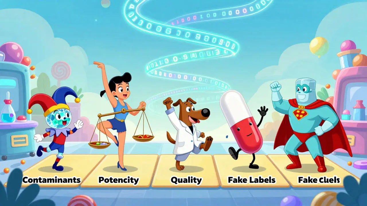 Five animated characters representing SQUIPP standards jumping over fake drug obstacles.