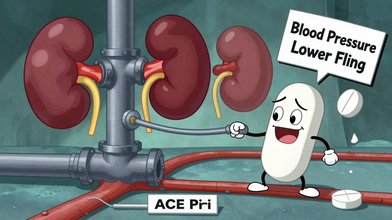 Ibuprofen shuts off kidney blood flow, causing an ACE inhibitor's effect to fail.