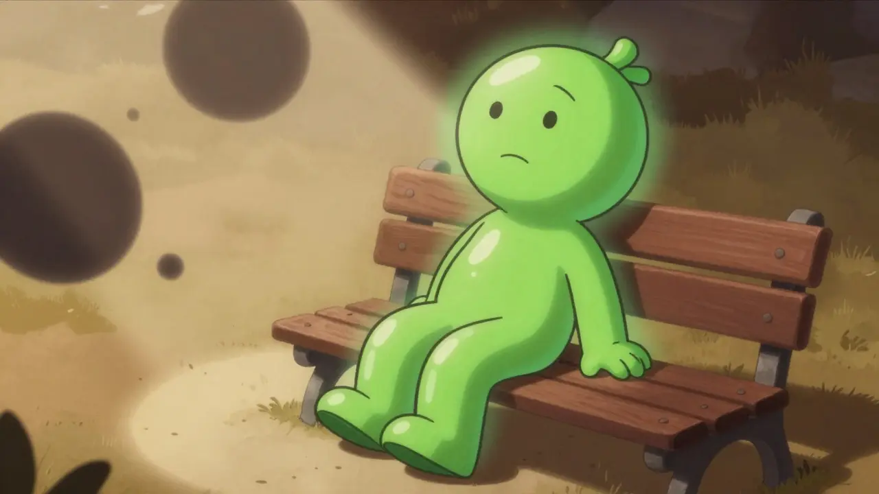 Relaxed cartoon figure with green health aura background