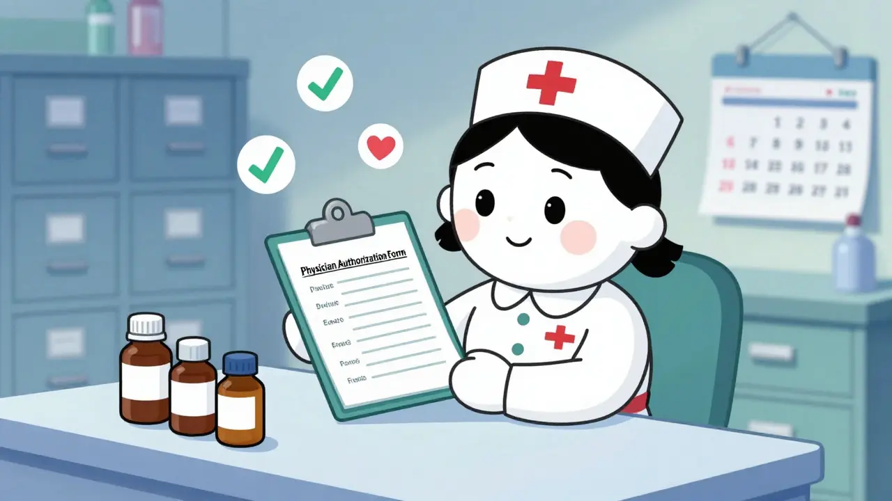 School nurse reviewing authorization forms at desk