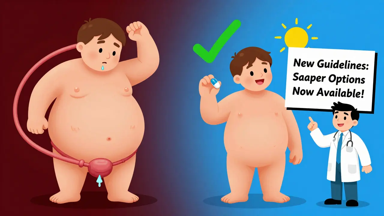 Split scene: one side shows urinary retention with bloated belly, the other shows a person happily holding safer alternative medications.