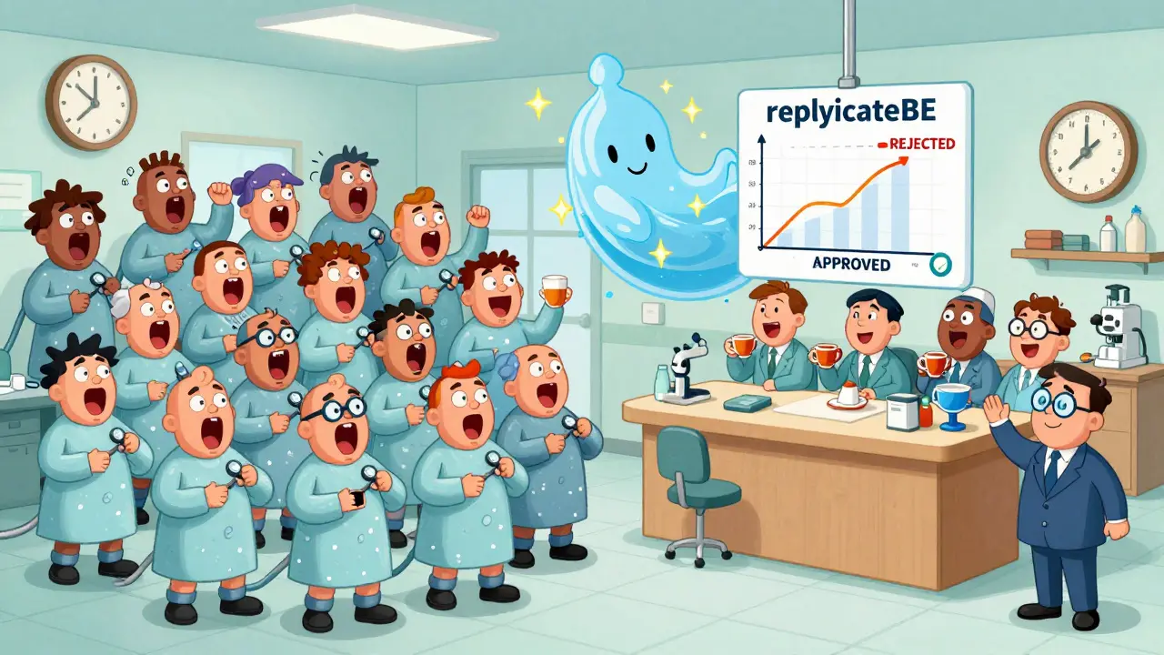 Split-screen cartoon: chaotic 120-patient study lasting 60 days vs. calm 42-patient study finishing in 4 months, with replicateBE software casting approval sparkles.