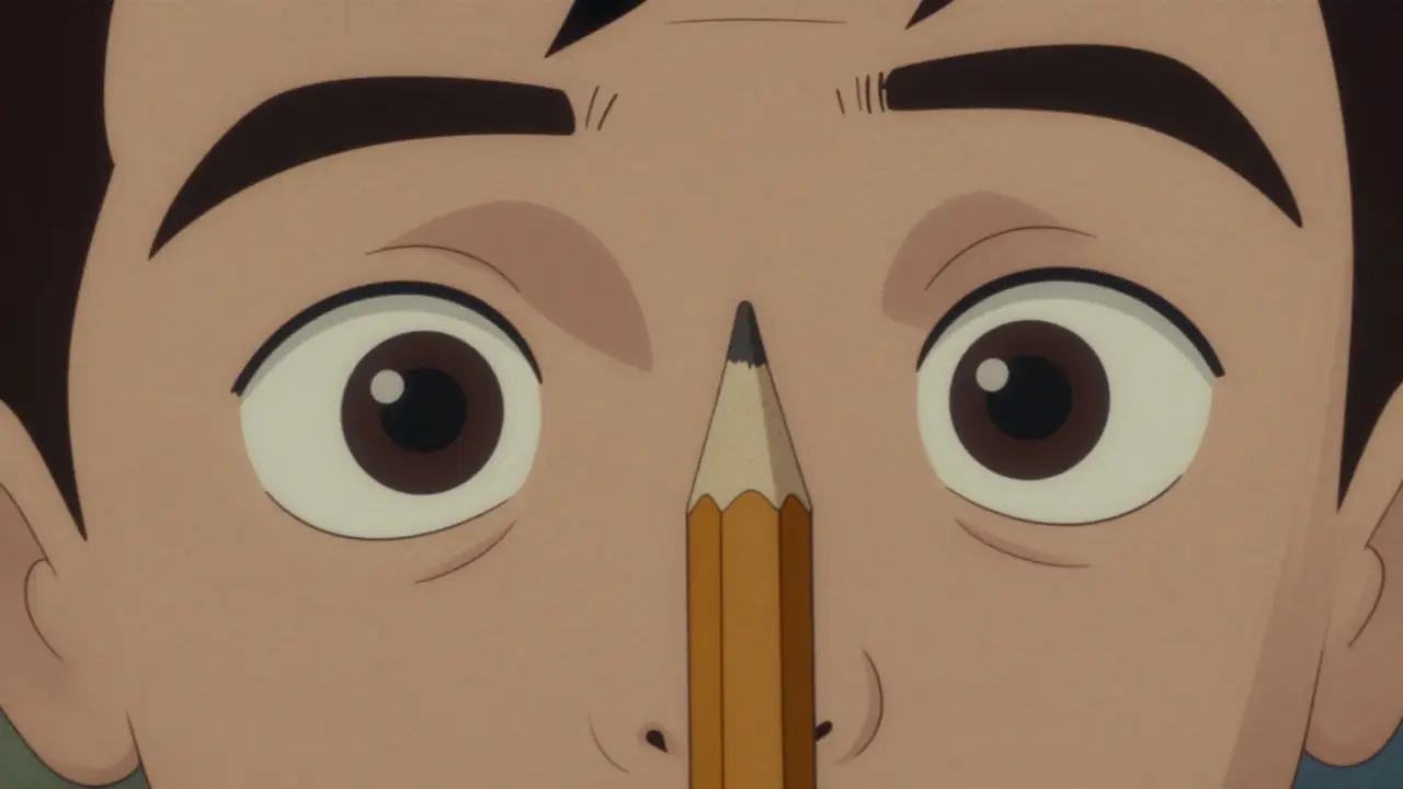 Stylized eyes focusing on pencil tip close to face.