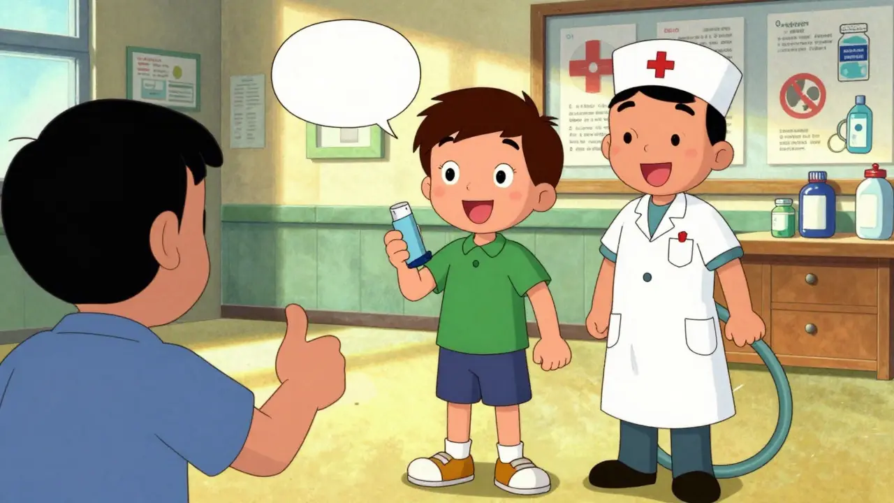 Teenager with inhaler and nurse in school hallway