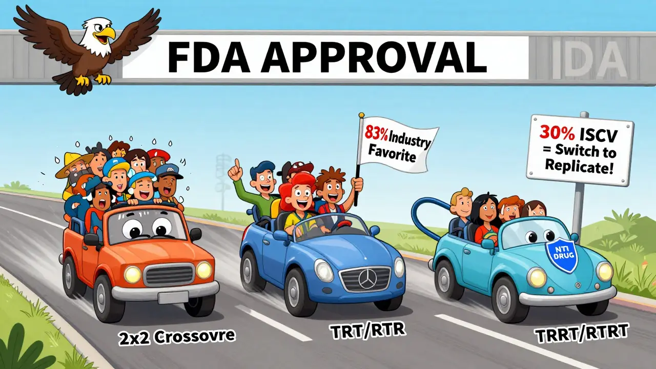 Three cartoon study designs racing to FDA approval: a crowded 2x2 car, a sleek TRT/RTR vehicle, and a four-seater NTI car pulling ahead.