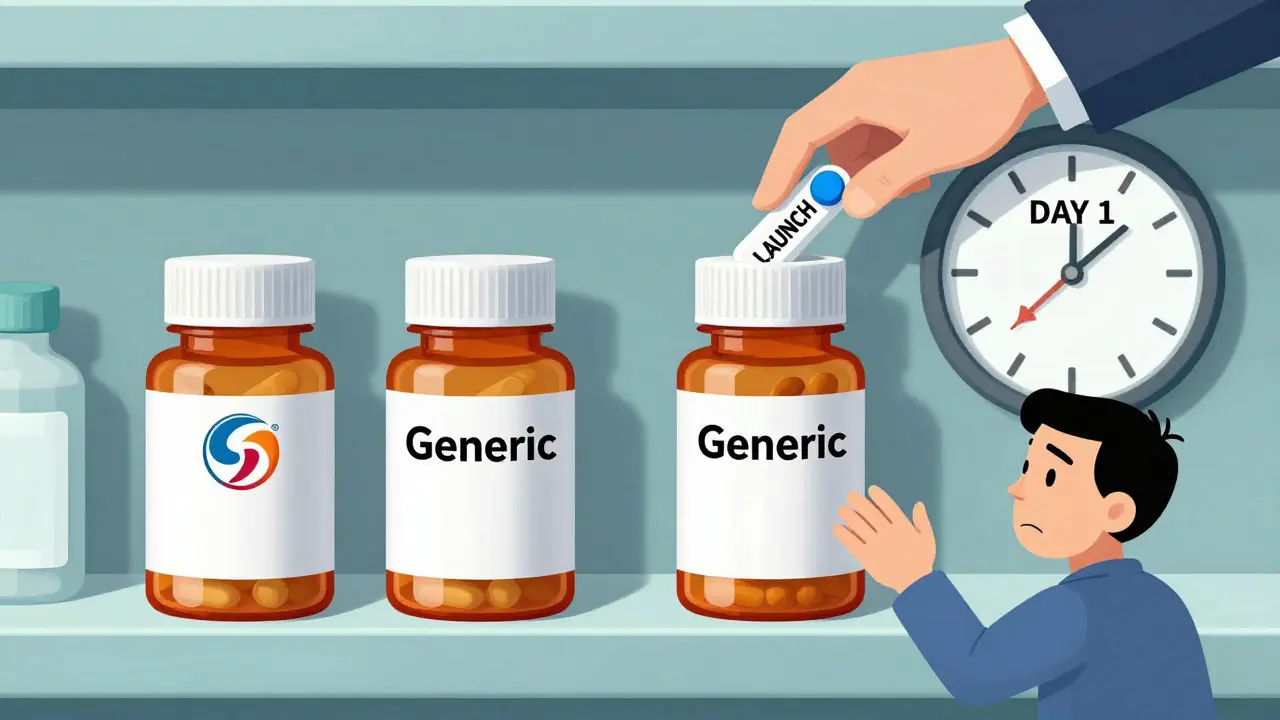 Two identical pill bottles on a pharmacy shelf with the same manufacturer name, one disguised as generic while the other bears the brand logo.