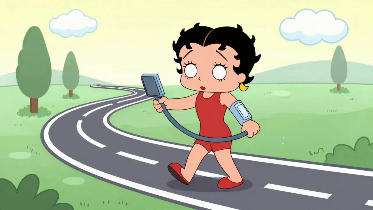 Vintage animated figure walking on glowing safe zone path