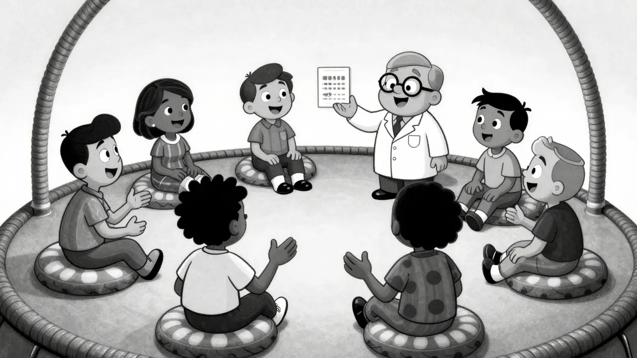 A diverse support group and a pharmacist talking in a 1930s animation style.