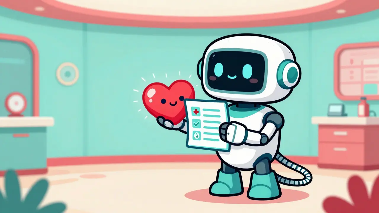 A friendly AI robot assisting a patient with personalized healthcare management.