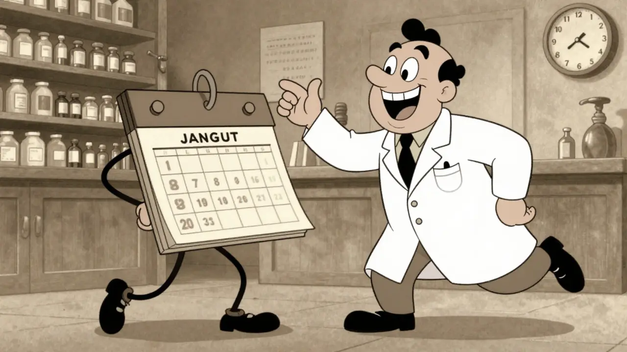 A friendly pharmacist explaining medication timing to a patient in a vintage cartoon style.