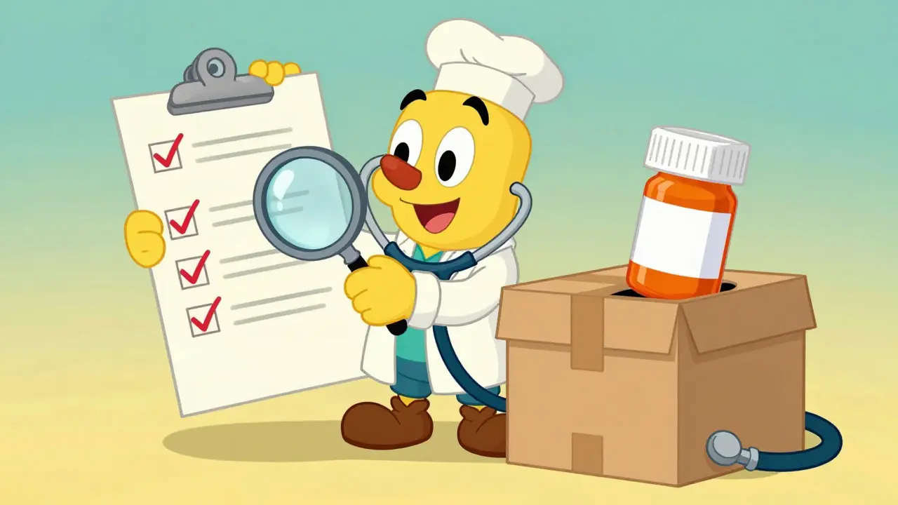 Cartoon doctor reviewing a health survey and preparing a discreet medicine package