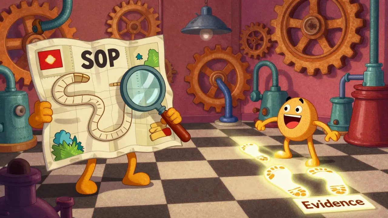 Characters following a map and leaving footprints to represent GMP records in cartoon style