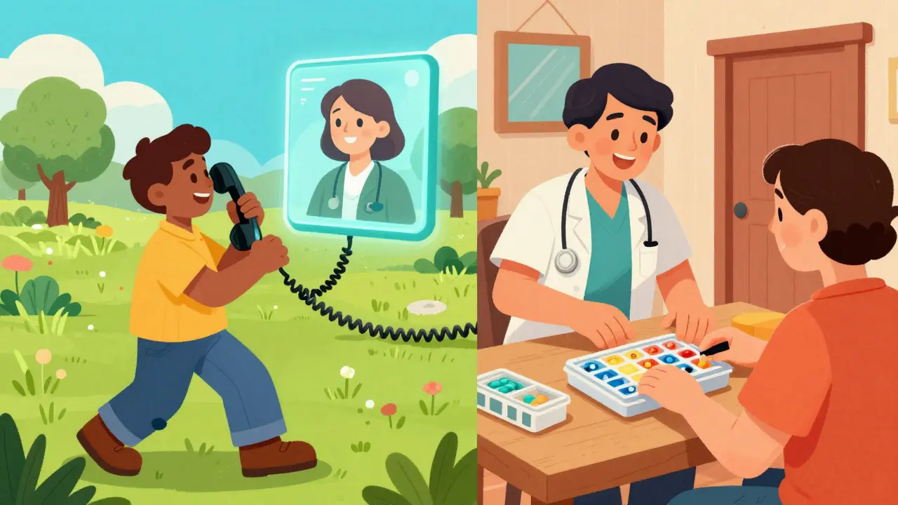 Characters using a phone and a health worker assisting a patient in rubber hose style.