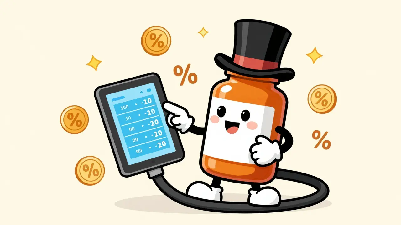 Cheerful anthropomorphic medicine bottle guiding a user toward cost savings