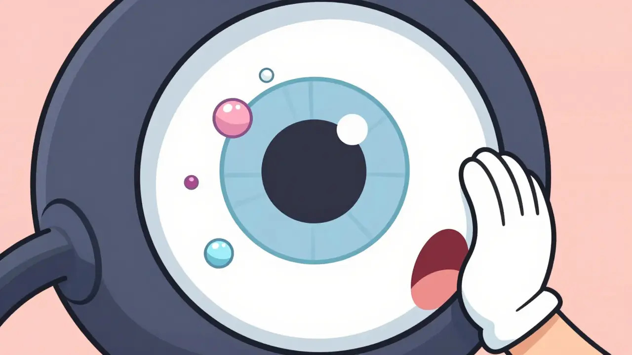 Close-up of a cartoon eye with floating medication molecules causing visual distress.