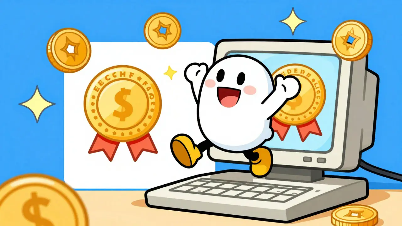 Happy cartoon character using a computer to find a certified online pharmacy