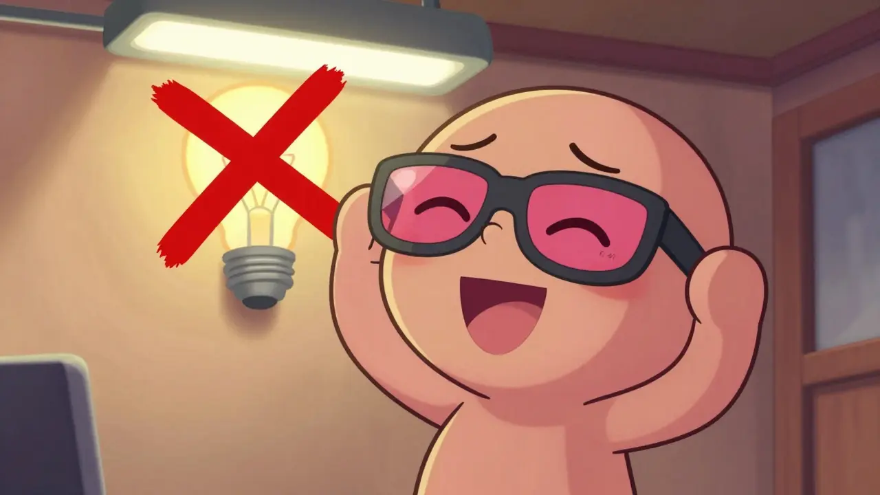 Happy cartoon character wearing rosy-tinted FL-41 glasses in a warmly lit room.