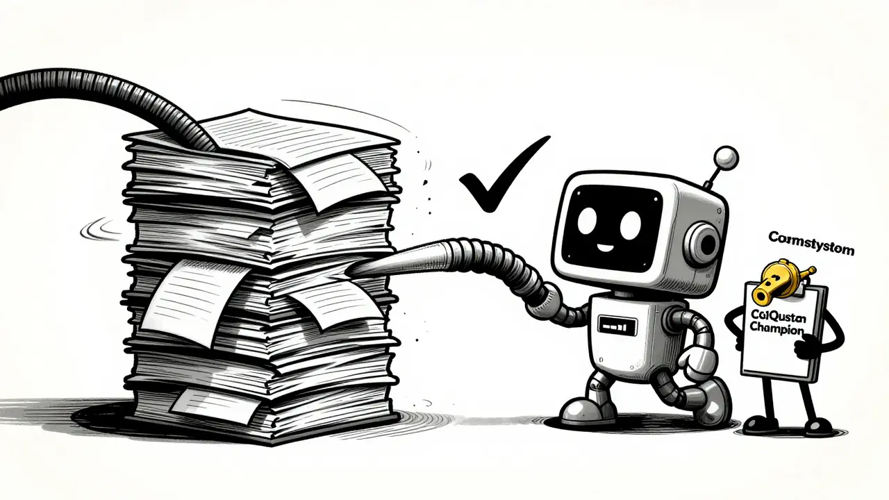 Paper files being converted into a digital system by a friendly robot in rubber hose style