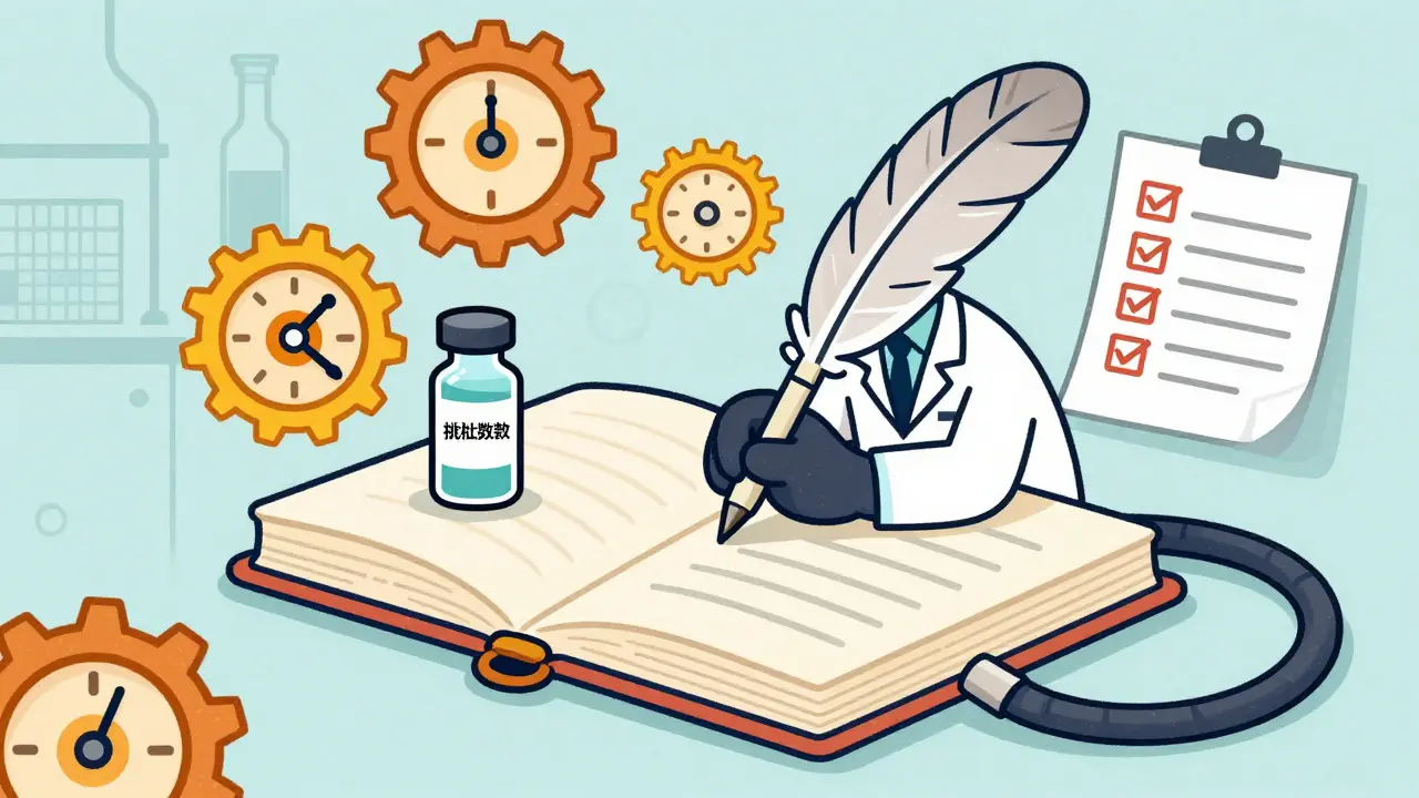 Pharmacist recording a batch number in a large ledger for medication safety tracking.