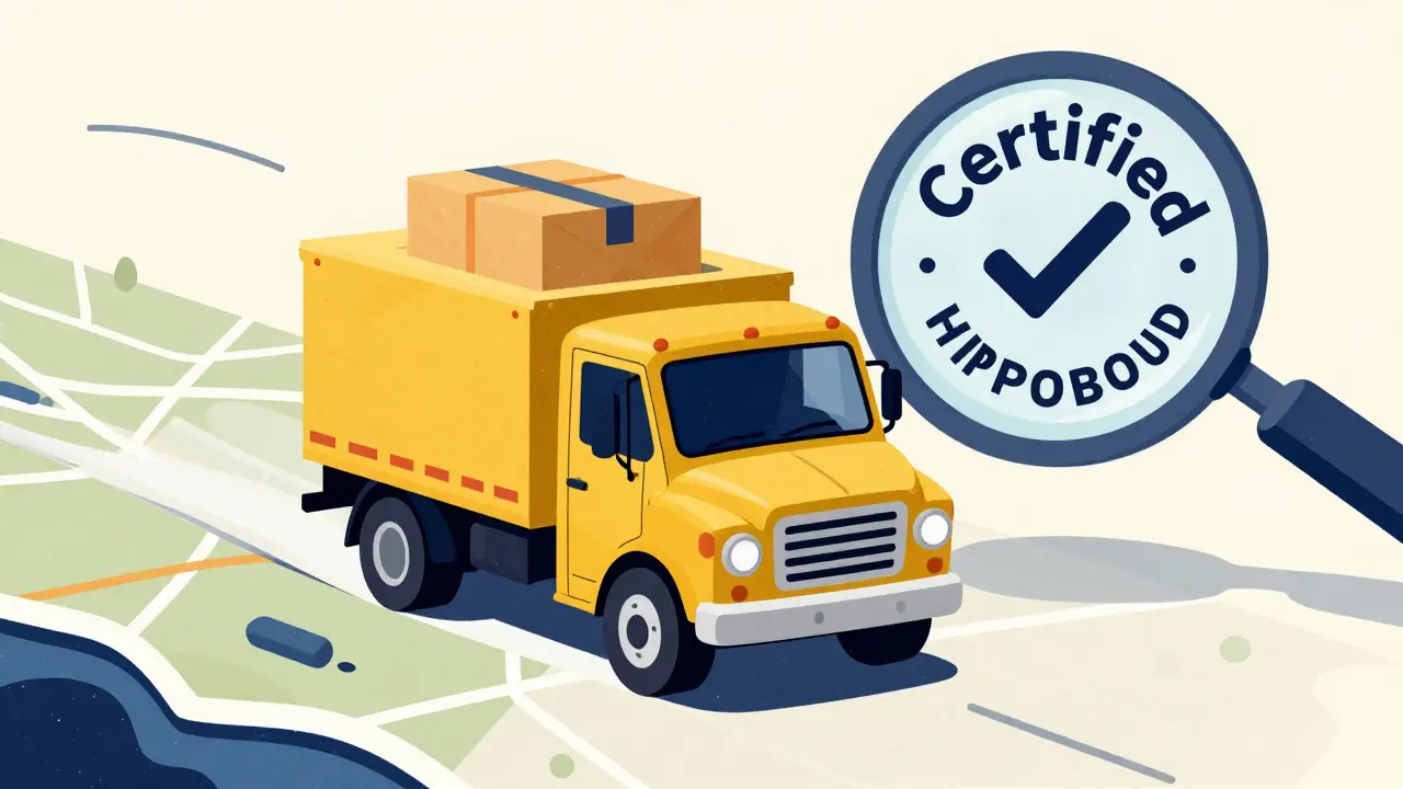 Smiling vintage delivery truck carrying a certified pharmacy package