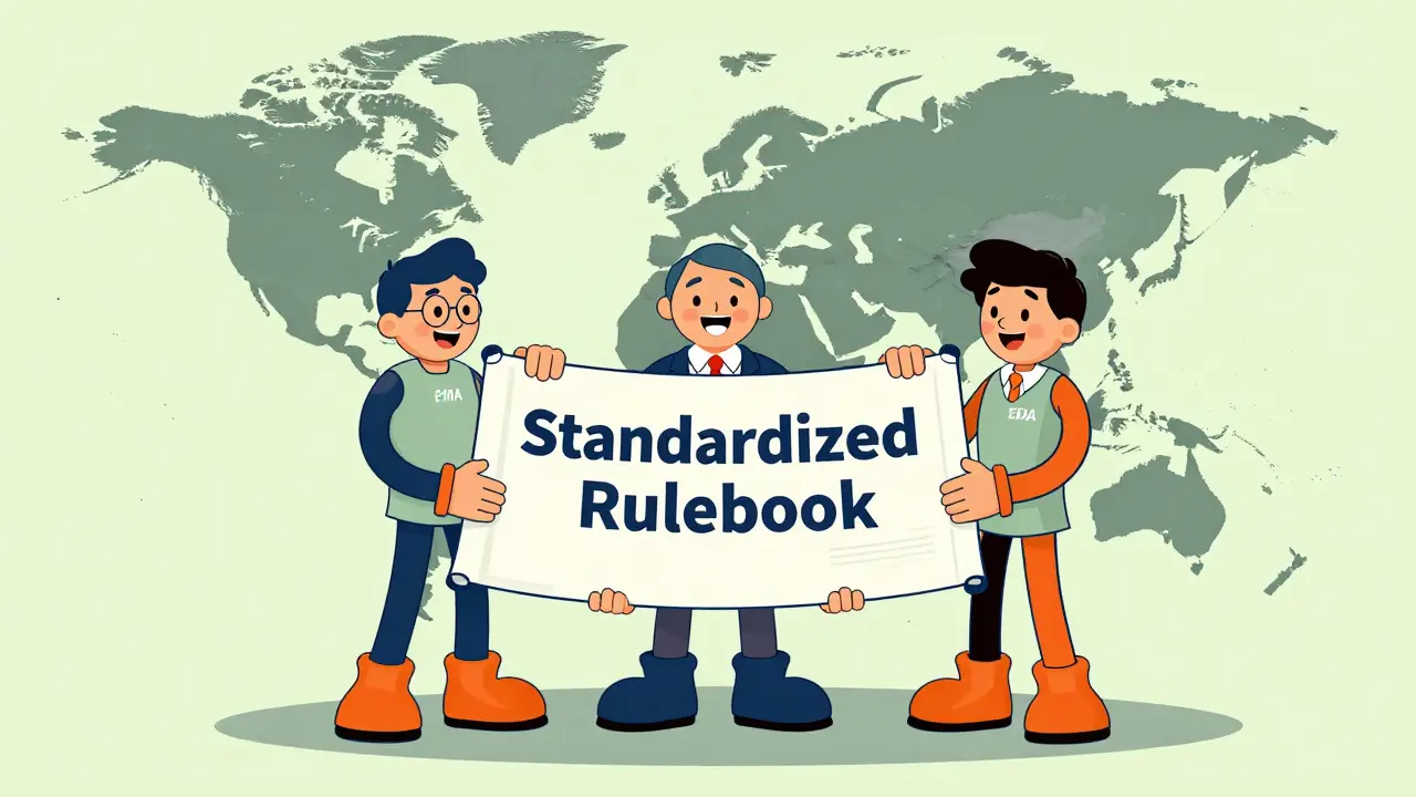 Three cartoon regulatory figures shaking hands over a global standardization blueprint