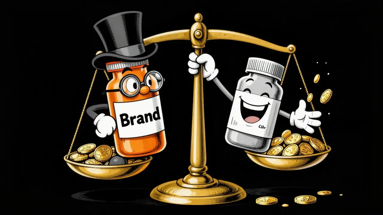 Two personified pill bottles on a scale showing generic medication savings