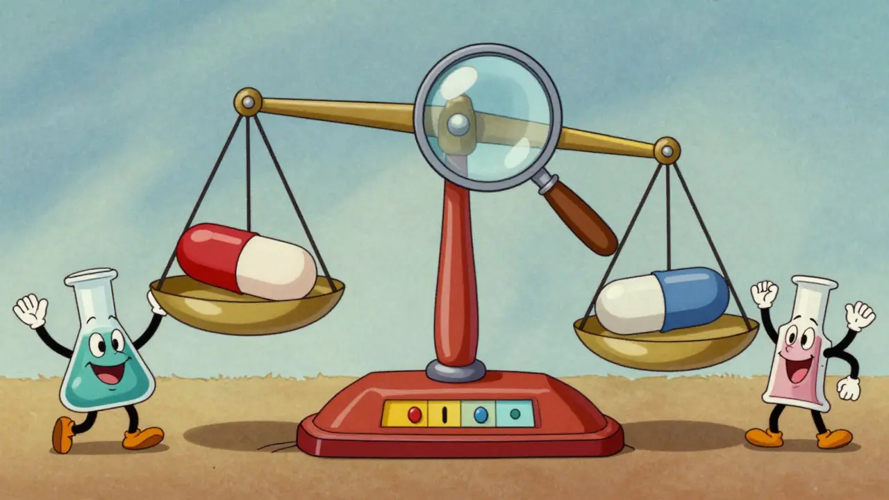Vintage scale comparing a brand-name pill and a generic pill with cheering beakers