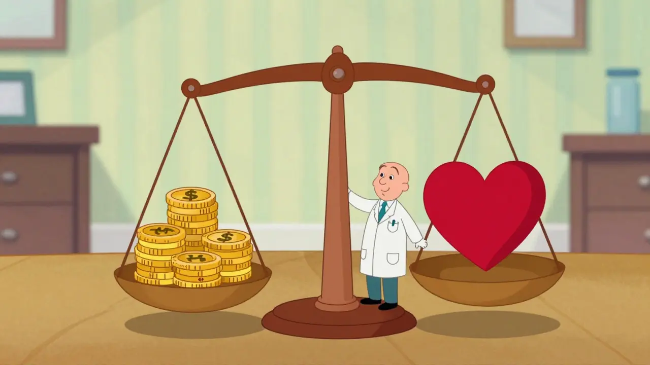 A vintage cartoon doctor balances costs and health on a scale in a rubber hose animation style.