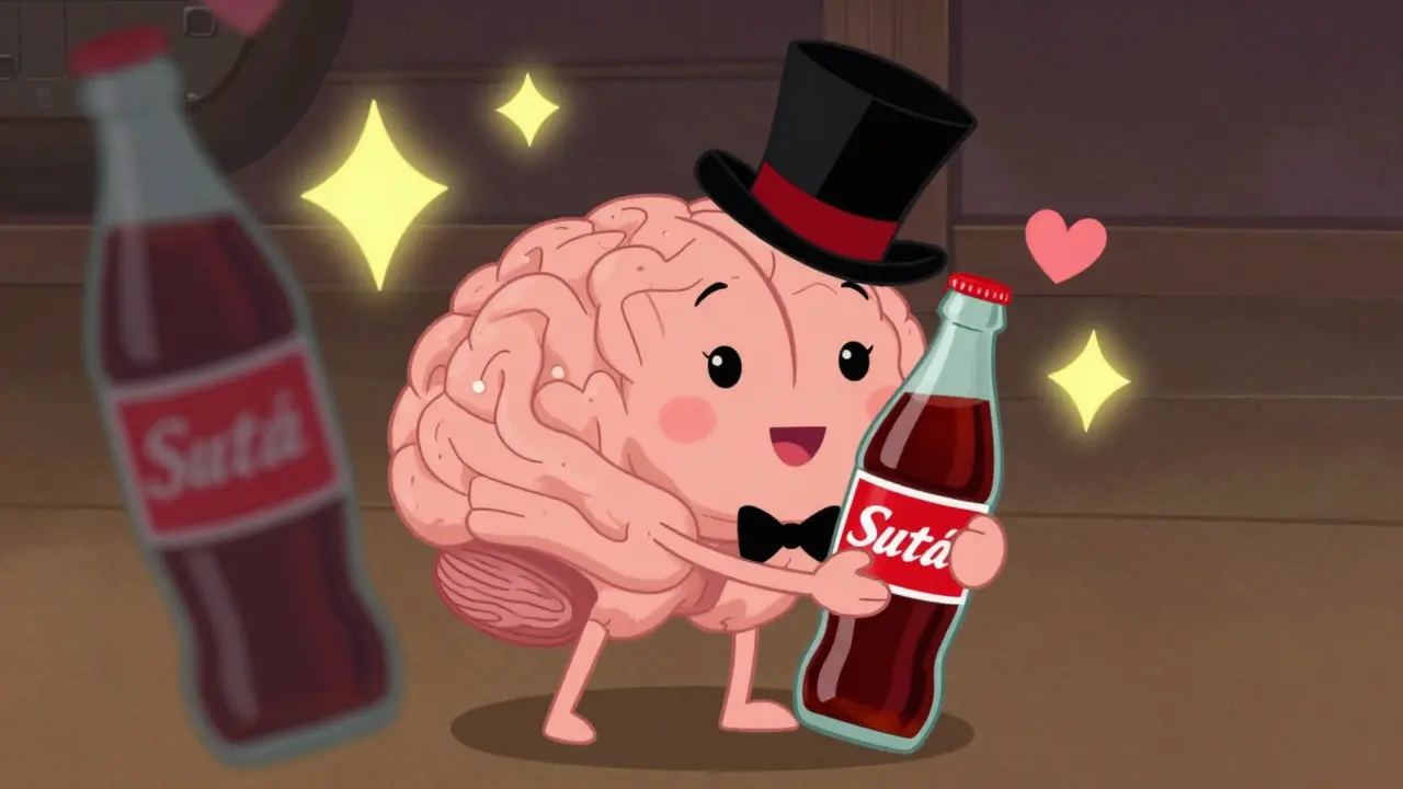 Anthropomorphic brain hugging a familiar soda bottle for comfort.