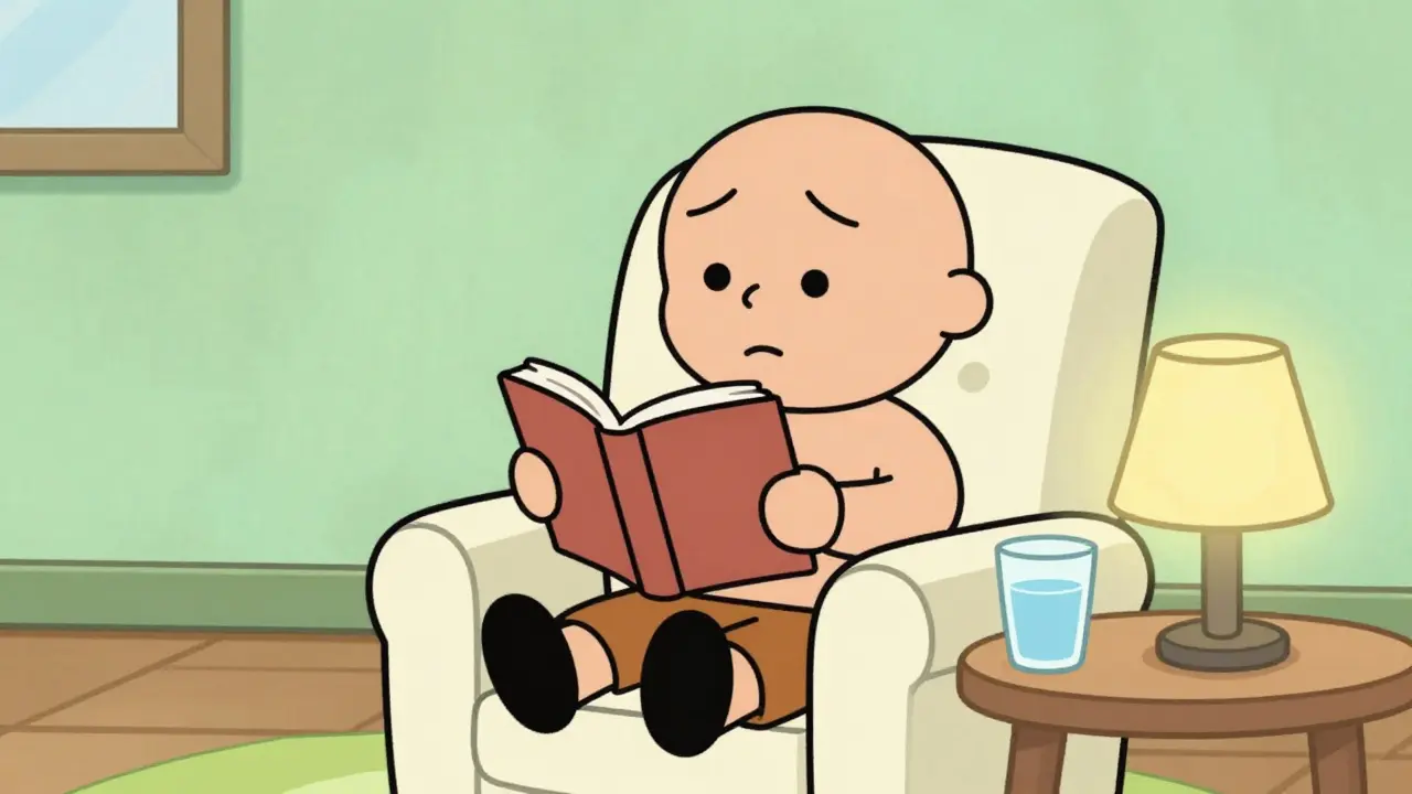 Calm cartoon character relaxing in a chair with water and a book