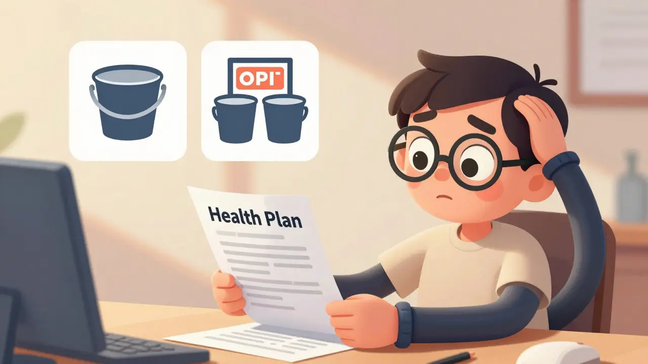 Cartoon character puzzling over different health plan structures with floating icons in rubber hose animation.