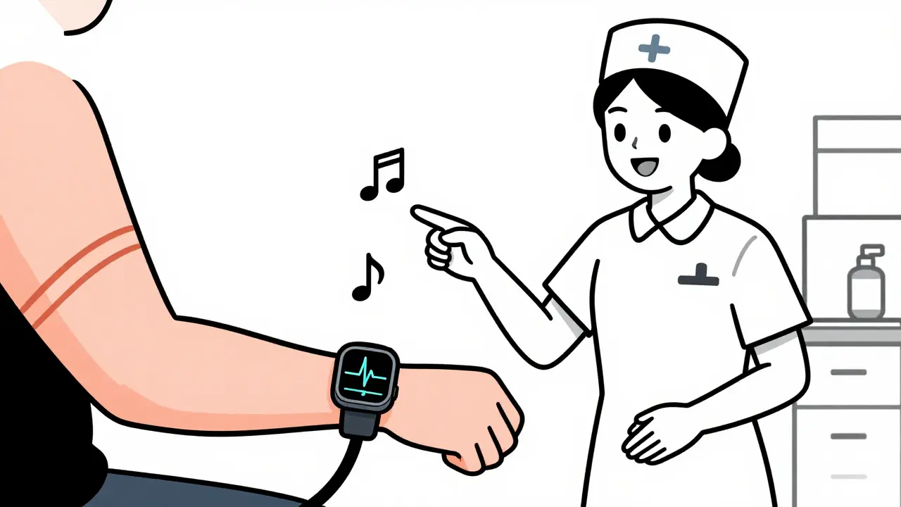 Cartoon nurse and patient reviewing floating health data from a smartwatch
