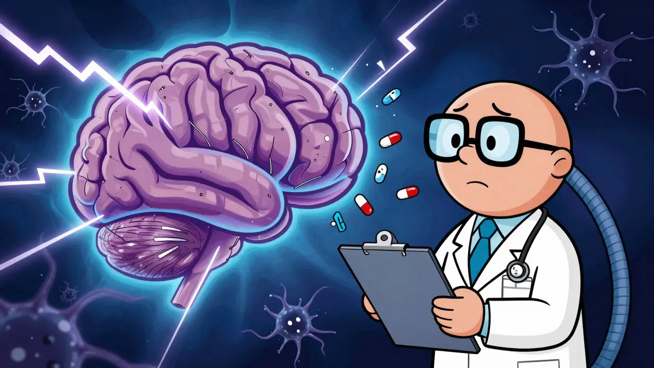 Cartoon pills cause chaos in an abstract brain landscape, illustrating seizure medication risks.