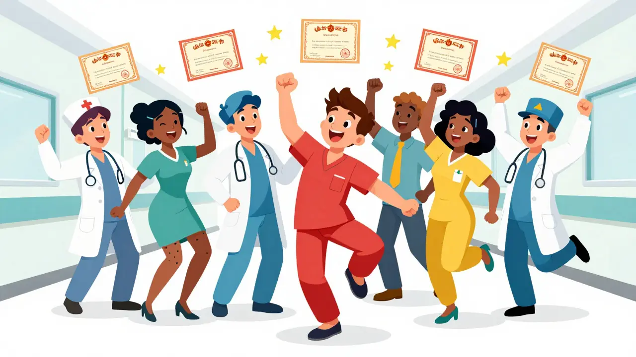 Cheerful rubber hose style healthcare team celebrating certifications